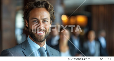 AI-generated content. Image of business man and partners or team with modern office. 111840955