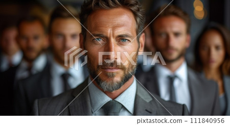 AI-generated content. Image of business man and partners or team with modern office. 111840956