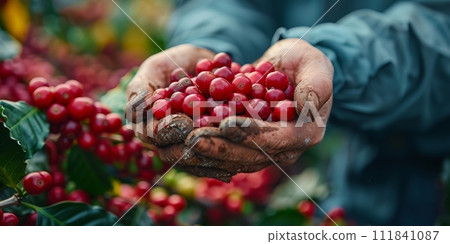 AI-generated content. Man picking coffee beans on a sunny day. Coffee farmer is harvesting coffee berries. Brazil 111841087