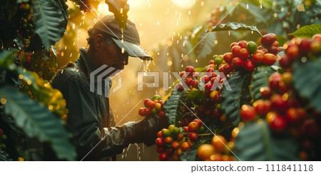 AI-generated content. Man picking coffee beans on a sunny day. Coffee farmer is harvesting coffee berries. Brazil AI-generated content. Man picking coffee beans on a sunny day. Coffee farmer is harvesting coffee berries. Brazil 111841118