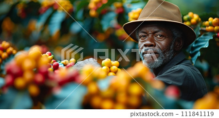 AI-generated content. Man picking coffee beans on a sunny day. Coffee farmer is harvesting coffee berries. Brazil AI-generated content. Man picking coffee beans on a sunny day. Coffee farmer is harvesting coffee berries. Brazil 111841119