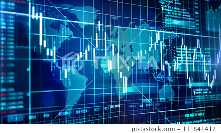 Stock price chart and world map output on monitor 111841412