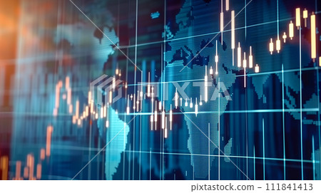 Stock price chart and world map output on monitor Stock price chart and world map output on monitor 111841413