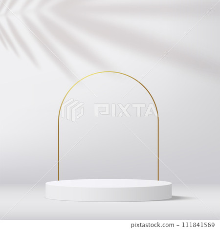 Modern white and gold cylinder pedestal podium. Cosmetic banner display. Vector 111841569