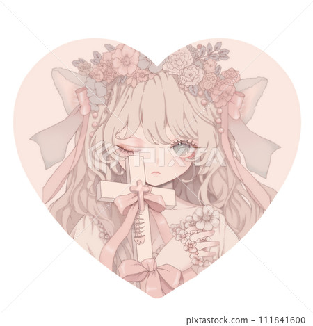 Illustration of a girl holding a cross (heart-shaped) 111841600