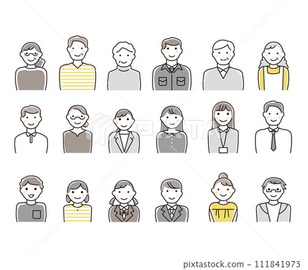 Illustration set of multi-generational men and women drawn with simple line drawings Illustration set of multi-generational men and women drawn with simple line drawings 111841973