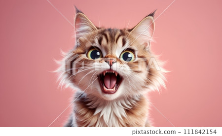 The cat looks with big eyes, is surprised and indignant, meows. cyclic rendering 111842154