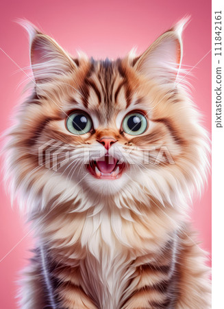 The cat looks with big eyes, is surprised and indignant, meows. cyclic rendering 111842161
