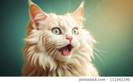 The cat looks with big eyes, is surprised and indignant, meows. cyclic rendering 111842190