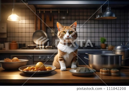 Serious and handsome chef cat preparing food in the kitchen Serious and handsome chef cat preparing food in the kitchen 111842208