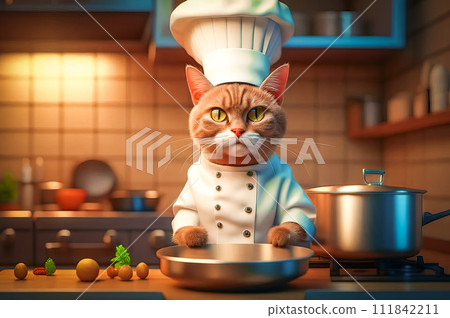 Serious and handsome chef cat preparing food in the kitchen 111842211