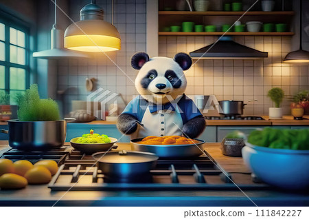 Serious and handsome Panda chef preparing food in the kitchen Serious and handsome Panda chef preparing food in the kitchen 111842227