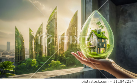 Eco-friendly modern house in female hands, concept of ecology and environmental protection 111842234