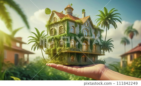 Eco-friendly modern house in female hands, concept of ecology and environmental protection 111842249