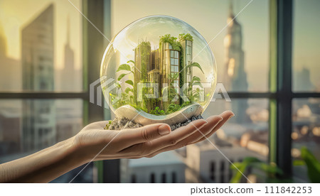 Eco-friendly modern house in female hands, concept of ecology and environmental protection Eco-friendly modern house in female hands, concept of ecology and environmental protection 111842253
