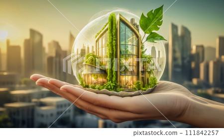 Eco-friendly modern house in female hands, concept of ecology and environmental protection 111842257