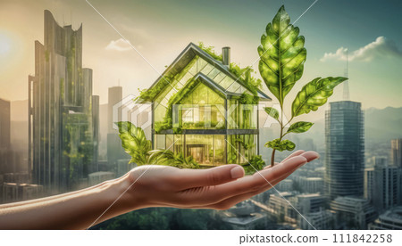 Eco-friendly modern house in female hands, concept of ecology and environmental protection Eco-friendly modern house in female hands, concept of ecology and environmental protection 111842258