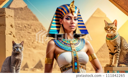 Beautiful Egyptian queen against the background of the pyramid. 111842265