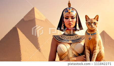 Beautiful Egyptian queen against the background of the pyramid. 111842271