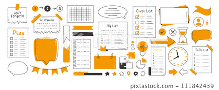 Awards, cups and medals for first place. Set for the winners. Gold medal and champion cup. Hand drawn award decorative icons in black and orange. Awards, cups and medals for first place. Set for the winners. Gold medal and champion cup. Hand drawn award decorative icons in black and orange. 111842439