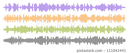 Set of four vector long sound waves of different intensities. Audio equalizer technology, pulse music. Audio player. Vector illustration. 111842441