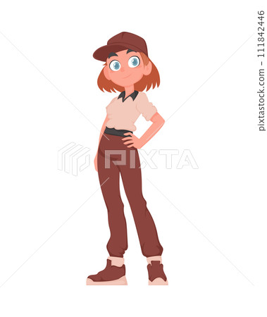 A red haired teenage girl in a beige and brown school uniform. The student is posing. Cartoon vector style. 111842446