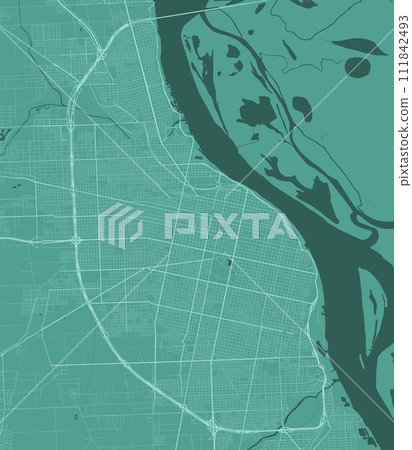 Green Rosario map, Argentina, detailed municipality map, skyline panorama. Decorative graphic tourist map of Rosario territory. Vector illustration. Green Rosario map, Argentina, detailed municipality map, skyline panorama. Decorative graphic tourist map of Rosario territory. Vector illustration. 111842493