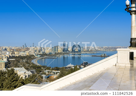 Baku cityscape and Baku Bay seen from high ground in Azerbaijan / Baku, Azerbaijan 111842526