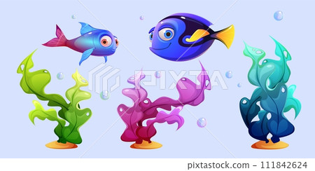 Cute cartoon fish and seaweed in sand. 111842624