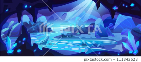 Underground cave with river waterfall and gemstone 111842628
