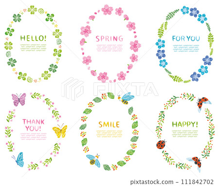 Spring plant flowers and insects round frame set vertical Spring plant flowers and insects round frame set vertical 111842702