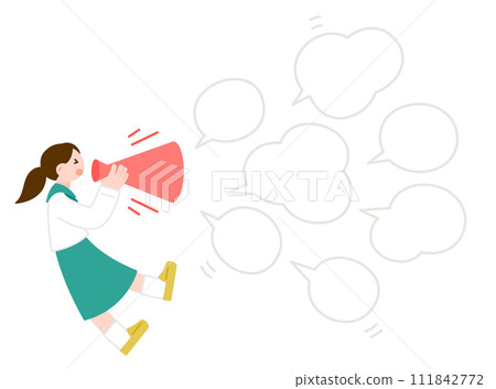 Illustration material of a female student holding a megaphone and expressing her opinion Illustration material of a female student holding a megaphone and expressing her opinion 111842772