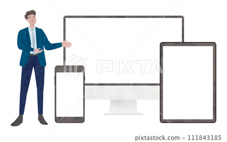 一名男性商人介紹他的智慧型手機或電腦螢幕的插圖,一名男子進行演示 一名男性商人介紹他的智慧型手機或電腦螢幕的插圖,一名男子進行演示 111843185