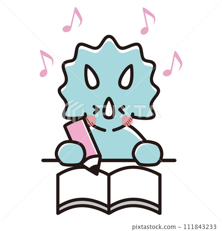 Illustration of a baby triceratops happily writing in a notebook Illustration of a baby triceratops happily writing in a notebook 111843233