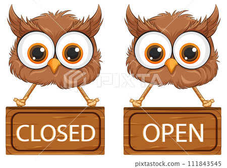 Owl Signboards Indicating Open and Closed Owl Signboards Indicating Open and Closed 111843545