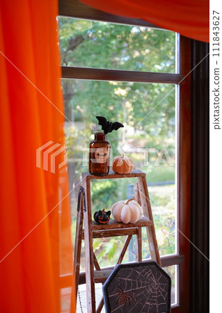 Houses, table settings, and flowers decorated for Halloween 111843627