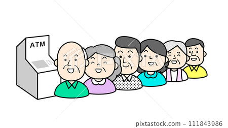 簡單人物插畫：退休金領取日，老人在 ATM 機前排隊 111843986