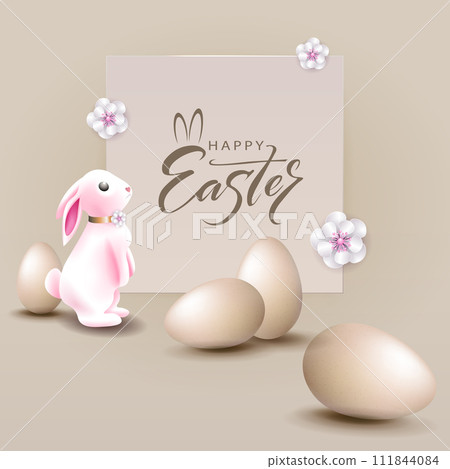 Beige composition with bunny, Easter eggs and square frame 111844084