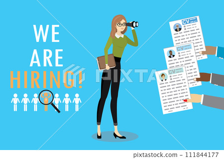 Business woman with binoculars and hands with cv resume,Hiring and Recruiting Concept, Business woman with binoculars and hands with cv resume,Hiring and Recruiting Concept, 111844177