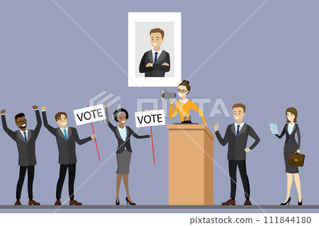 Election campaign of candidate,Female with politician standing at tribune 111844180