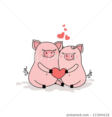 Couple of pigs in love,two cute animals with heart,isolated on w Couple of pigs in love,two cute animals with heart,isolated on w 111844228