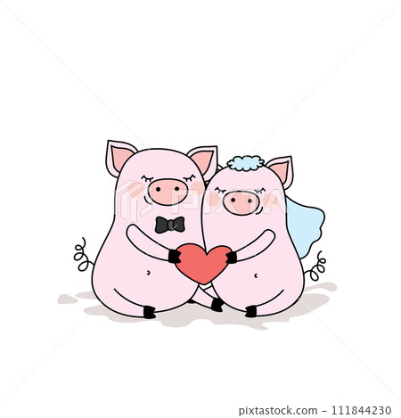 Couple of pigs in love,two cute animals with heart,isolated on w Couple of pigs in love,two cute animals with heart,isolated on w 111844230