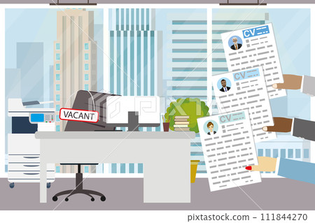 Modern office,workplace and chair with text-vacant,hands holding cv resume, 111844270