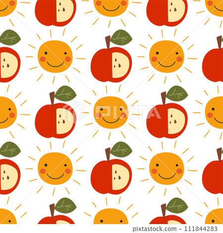 Cute apples and smiling sun seamless pattern. Vector summer kids repeat background in childish style. Funny nursery print Cute apples and smiling sun seamless pattern. Vector summer kids repeat background in childish style. Funny nursery print 111844283