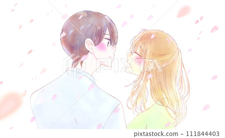 男人和女人面對面微笑,分手,櫻花吹雪 男人和女人面對面微笑,分手,櫻花吹雪 111844403