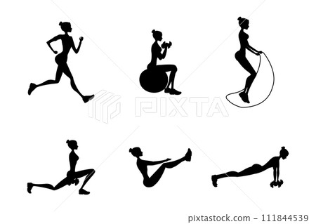 Silhouettes of women in fitness poses, 111844539