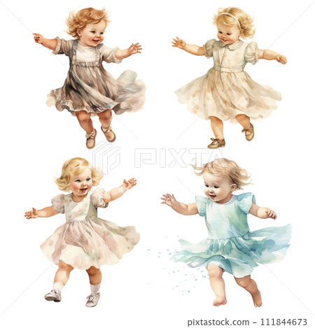 AI-generated content. watercolor vintage style illustrations set, cute little girl dancing, child, doll, clip art isolated on white background 111844673