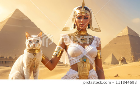 Beautiful Egyptian queen against the background of the pyramid. Beautiful Egyptian queen against the background of the pyramid. 111844698
