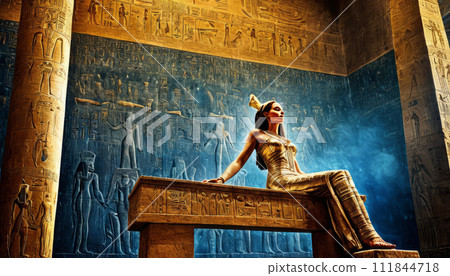 The beautiful Egyptian goddess-pharaoh Hatshepsut sits on a golden throne in the Dendera temple The beautiful Egyptian goddess-pharaoh Hatshepsut sits on a golden throne in the Dendera temple 111844718