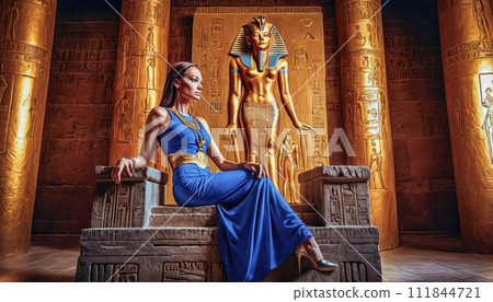 The beautiful Egyptian goddess-pharaoh Hatshepsut sits on a golden throne in the Dendera temple 111844721